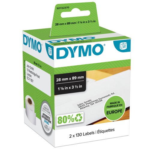 Dymo Labelwriter Labels Standard Address 28x89mm White Ref 99010 S0722370 [Pack 2x130]