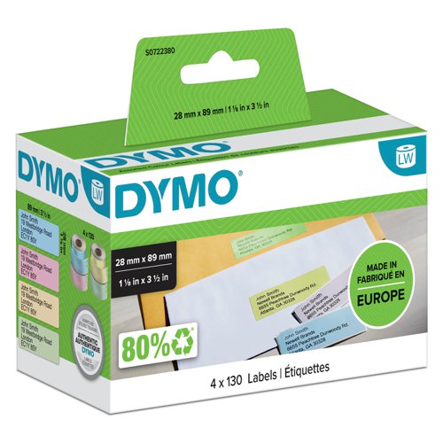 Dymo Labelwriter Labels Assorted Colours 28x89mm 99011 S0722380 [Pack 4x130]
