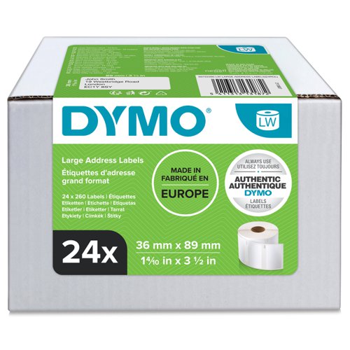 Dymo LabelWriter Large Address Label 36x89mm 260 Labels Per Roll White (Pack 24) - S0722390 73011NR Buy online at Office 5Star or contact us Tel 01594 810081 for assistance