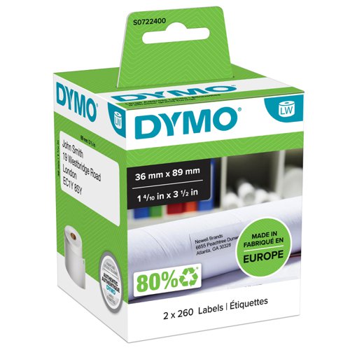 Dymo Labelwriter Labels Large Address Labels 36x89mm White Ref 99012 S0722400 [Pack 2x260]