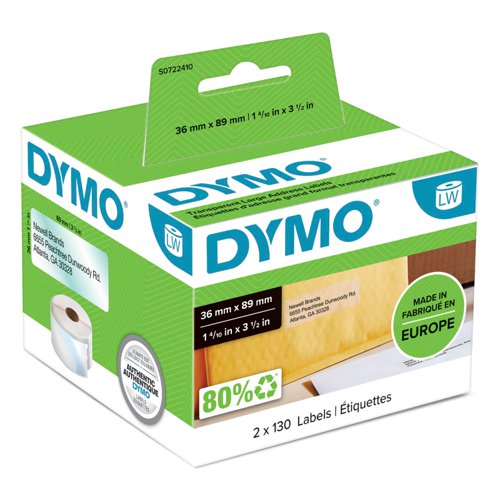 Dymo LabelWriter Labels Large Address Plastic 36x89mm Clear Ref 99013 S0722410 [Pack 260]