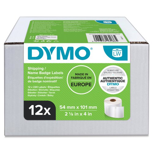 Dymo LabelWriter Shipping Label or Name Badge 54x101mm 220 Labels Per Roll White (Pack 12) - S0722420 Label Tapes 73032NR