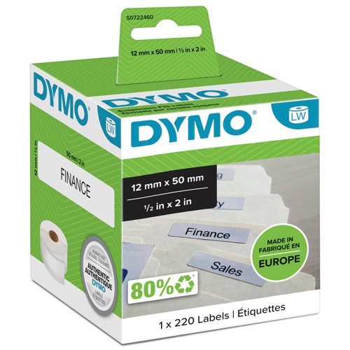 Dymo 99017 12mm x 50mm Suspension File Labels Black on White