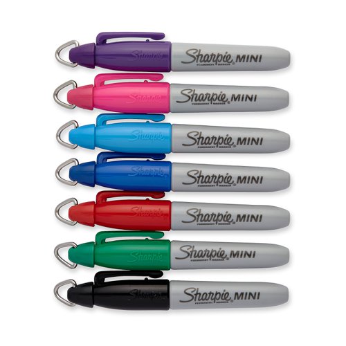 GL81130 | These fun-sized Sharpie Permanent markers provide quality, fast drying ink that can be used to mark almost any surface, including plastic and glass. The cap features a clip for easy attachment to key rings, lanyards and carabiners, so you can take a Sharpie marker wherever you go. This pack contains a tub of 72 mini markers in assorted vivid colours.