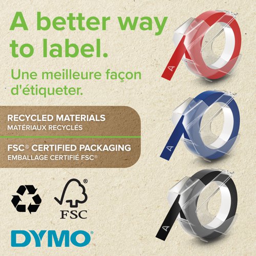 A DYMO classic, our embossing labels feature raised lettering for an attractive three-dimensional effect. Sharp contrasting white-on-black printing will not fade over time, leave a sticky residue or break upon removal. Whether you use them indoors or outdoors, you can count on DYMO Plastic Embossing labels to last â€“ they stick to virtually any smooth, clean surface.
