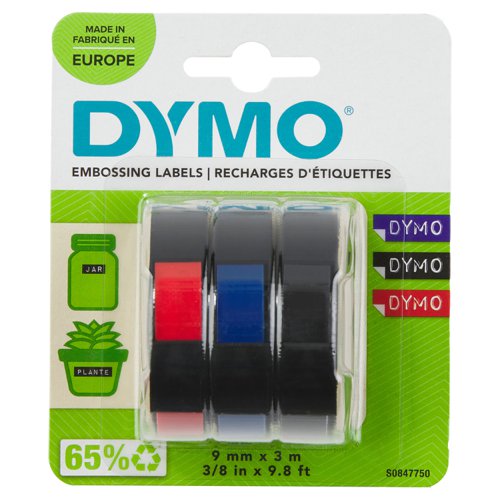 Dymo Embossing Tape 9mmx3m Red Black and Blue (Pack 3) S0847750 Label Tapes 16692NR
