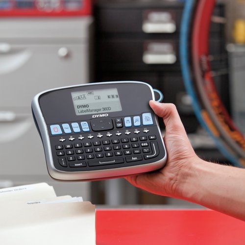 ES87949 | The compact Dymo LabelManager 360D is a versatile label printer for use in a variety of work environments. Designed for ease of use, it features a larger screen with an improved interface that eliminates tedious scrolling and includes icons for quick access to formatting options. The screen displays both text and font effects for an accurate preview of the label. The 360D also includes an increased character size for text up to 15mm high, which is ideal for clear labels with large text. Powered by a rechargeable lithium-ion battery for portability, the 360D can be plugged into the mains or for use when out and about.
