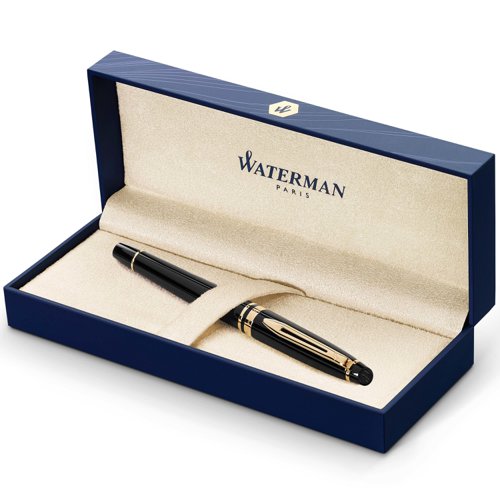 Waterman Expert Fountain Pen Black/Gold Barrel Blue Ink Gift Box - S0951660