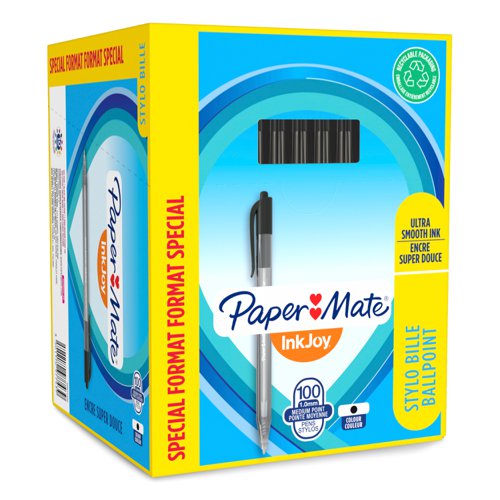 Paper Mate InkJoy 100 Retractable Ballpoint Pen 1.0mm Tip 0.7mm Line Black (Pack 80 + 20 Free) - S0977430