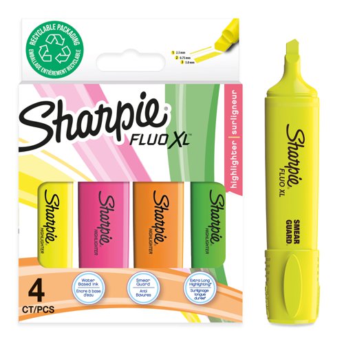 Sharpie Fluo XL Highlighters Chisel Tip Assorted Fluorescent Colours (Pack 4) - 2190473