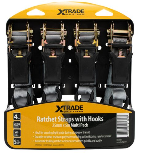 XTrade X0500007 Ratchet Straps with Hooks 25mm x 5m (4 Pack)