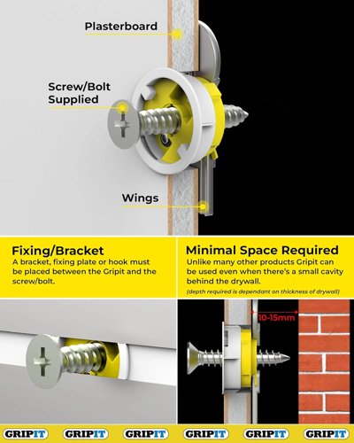 Gripit Yellow Plasterboard Fixings  Pack of 4  Heavy Duty Plasterboard Fixings  Holds Up to 7
