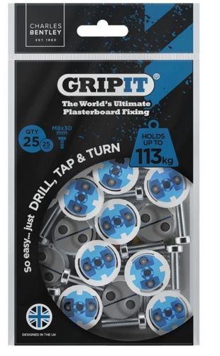 Gripit 25mm Plasterboard Fixing Stud Wall Anchor Max Load 113kg - Blue - 25 Pack