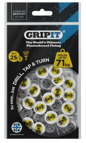 Gripit 15mm Plasterboard Fixing Stud Wall Anchor Max 71kg - Yellow - 25 Pack