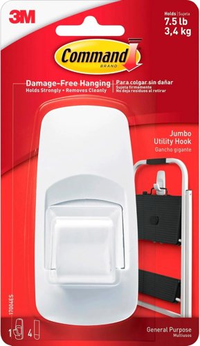 Command Jumbo Utility Hook, Pack Of 1 Hook And 4 Adhesive Strips, White