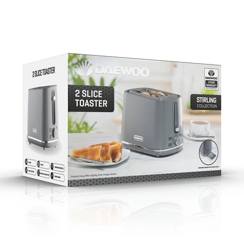 Daewoo Stirling Two Slice Toaster Reheat & Defrost 7 Browning Functions Grey