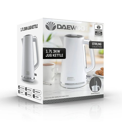 Daewoo Stirling Jug Kettle 1.7Litre Cordless Swivel Base 3KW with Rapid Boil White