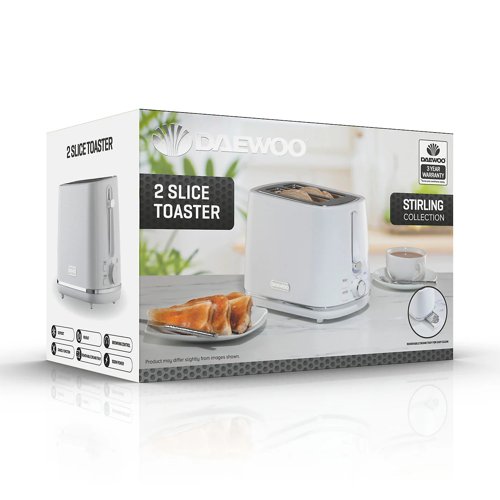 Daewoo Stirling Two Slice Toaster Reheat & Defrost 7 Browning Functions White