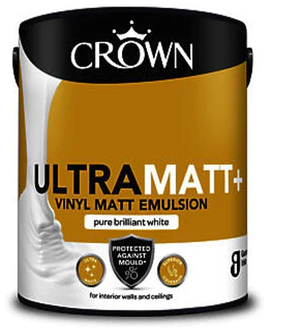 Crown Ultra Matt+  Pure Brilliant White Vinyl Matt Emulsion  Mould Protection Paint  5L