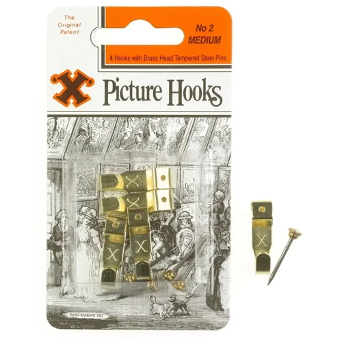 Single Hooked {No.2} Brass Plated Picture Hanging Hooks Pack of 4