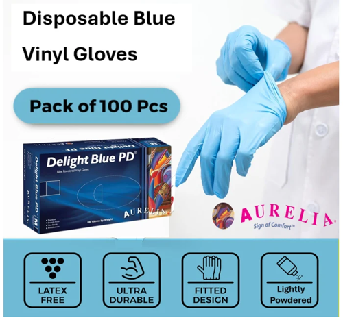 Aurelia DELIGHT Blue Lightly Powdered MEDIUM Vinyl Gloves 100's