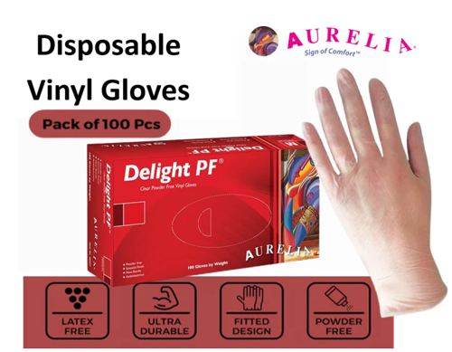 Aurelia DELIGHT Clear Powder Free LARGE Vinyl Gloves 100's