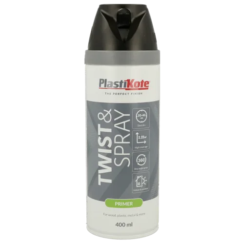 Plastikote Twist and Spray  Primer Paint  Quick Drying  Black 400ml