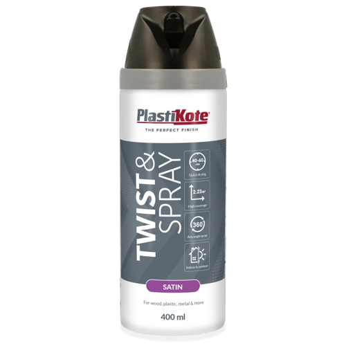 Plastikote Premium Paint Spray Satin Finish Black 400ml.