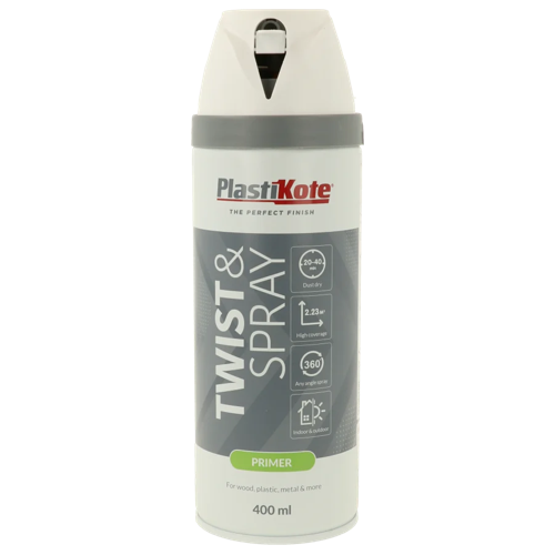 Plastikote Twist and Spray Primer Paint Quick Drying White 400ml