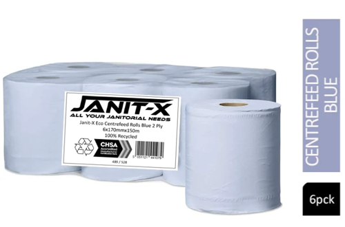 Janit-X Eco 100% Recycled XL Centrefeed Rolls Blue 6 x 150m CHSA Accredited