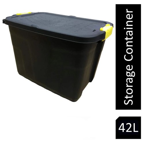 Strata Heavy Duty 42L Black Storage Crates & Lids Black Yellow Handles (XW443)
