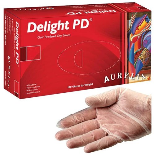 Aurelia DELIGHT Clear Lightly Powdered MEDIUM Vinyl Gloves 100's