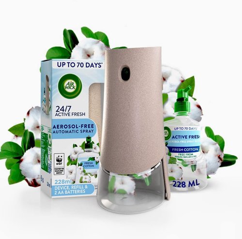 Air Wick Active Fresh Air Freshener Aerosol-Free Automatic Spray Set & Fresh Cotton 228ml - PACK (4)