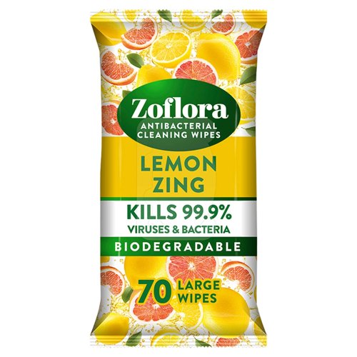 Zoflora Lemon Biodegradable Wipes, Antibacterial Multi-Surface Cleaning Wipes, 70's - PACK (6)