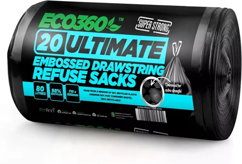 20-Pack Ultimate Embossed Black Drawstring Bin Liner Bin Bag Refuse Sacks Heavy Duty - 80L Capacity - PACK (15)