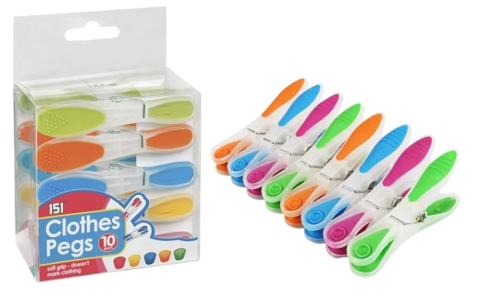Soft Grip Clothes Pegs 10pk Assorted Colours Soft & Secure don't mark Clothes.