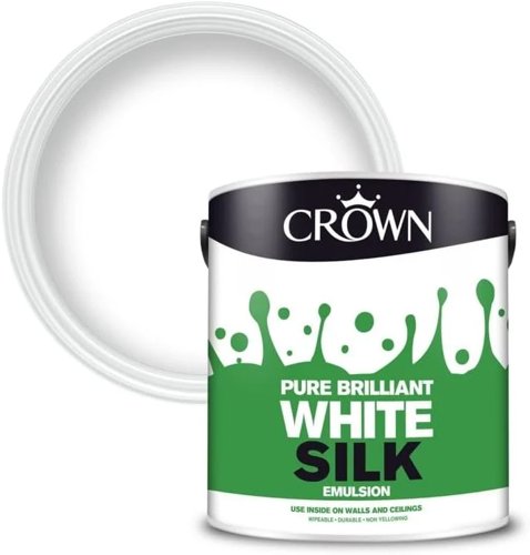 Crown Paint Silk Emulsion Interior Walls and Ceilings Pure Brilliant White 2.5L