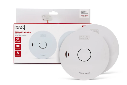 Black + Decker Smoke Alarm 10 Year Sealed Lithium Battery Life Optical Sensor Twin Pack Off