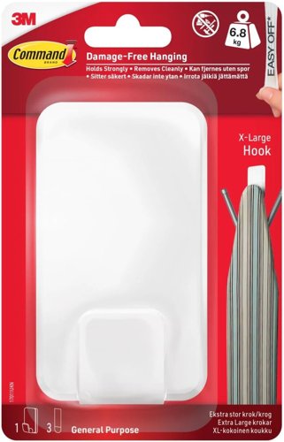 3M Command Utility Hook X-Large for Heavyweight 6.8kg 1 Hook in White and 3 Adhesive Strips 