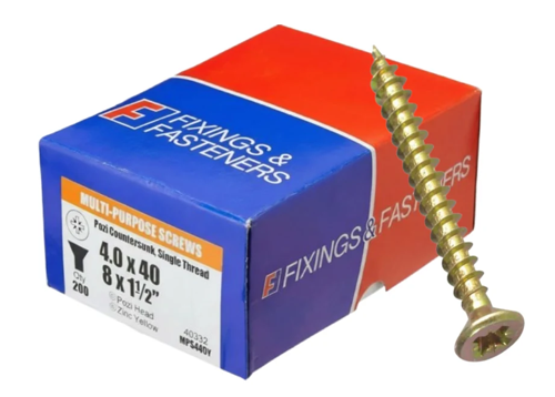 ForgeFix Multi-Purpose Single Thread Screws 4.0 x 40mm Zinc Yellow Passivated Box 200