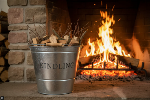 Manor Reproductions Large Metal Fireside Kindling Bucket with Wooden Handle Galvanised Finish