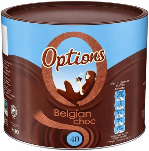 Options Belgian Chocolate Instant Hot Chocolate Drink 1kg Tub