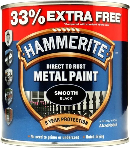 Hammerite Direct to Rust Metal Paint Smooth Finish – Black, 1 Litre