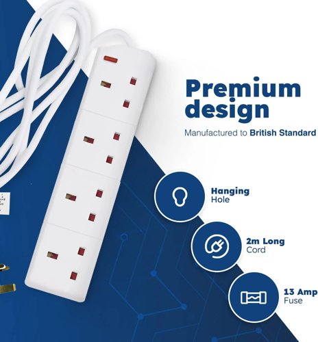 Fixtures 4 Gang Extension Lead 2m Surge Protected 4 Socket White