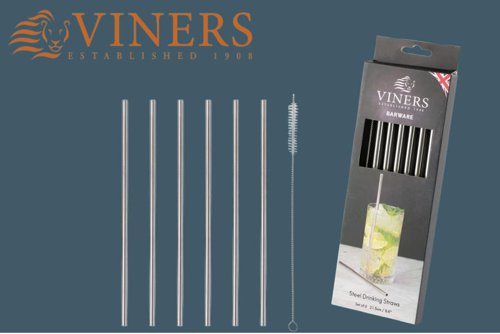 Viners 7pc Long Steel Drinking Straws Gift {6 Straws & 1 Cleaning Brush} - PACK (12)