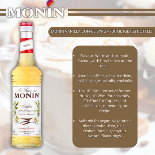 Monin Vanilla Coffee Syrup 700ml (Glass) - PACK (6)
