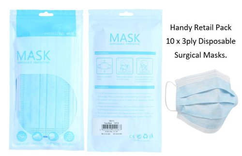 Disposable 3 Ply Surgical Face Mask Pack 10's
