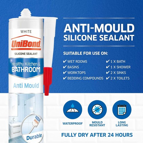 UniBond Anti-Mould Silicone Sealant – Kitchen & Bathroom, Ivory Waterproof, UK Made