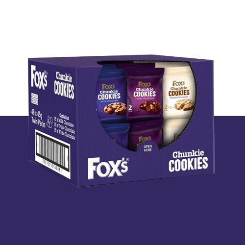Fox's Triple Chocolate Cookies are chunky chocolate biscuit, with white and milk chocolate chunks. Ideal for hotels, conference and hospitality venues. Suitable for vegetarians. Each pack contains 2 biscuits. 48 packs supplied.