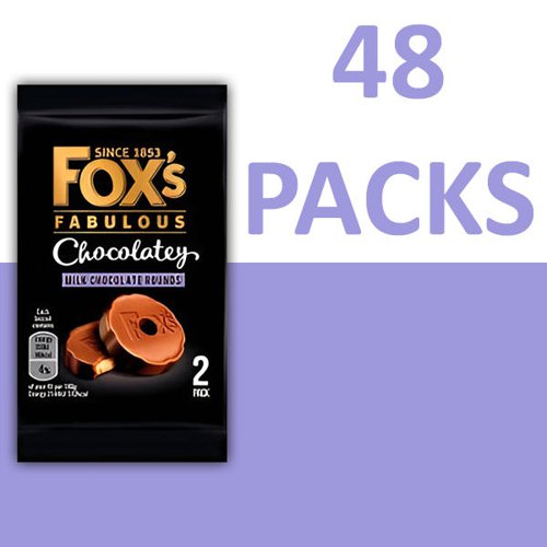 Fox's Chocolatey Rounds are delicious shortcake biscuit coated in milk chocolate. Ideal for hotels, conference and hospitality venues. Suitable for vegetarians. Each pack contains 2 biscuits. 48 packs supplied.